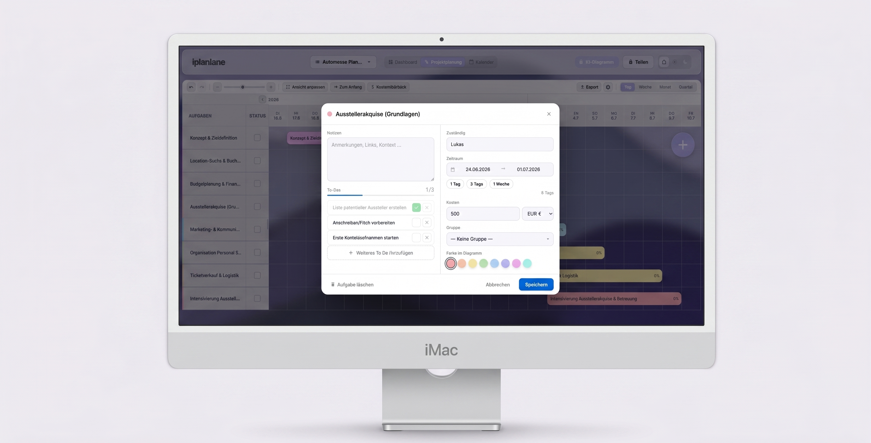Aufgabe bearbeiten auf einem iMac: Notizen, To-Dos, Zuständigkeit, Zeitraum, Kosten, Gruppe und Farbe in einem Fenster