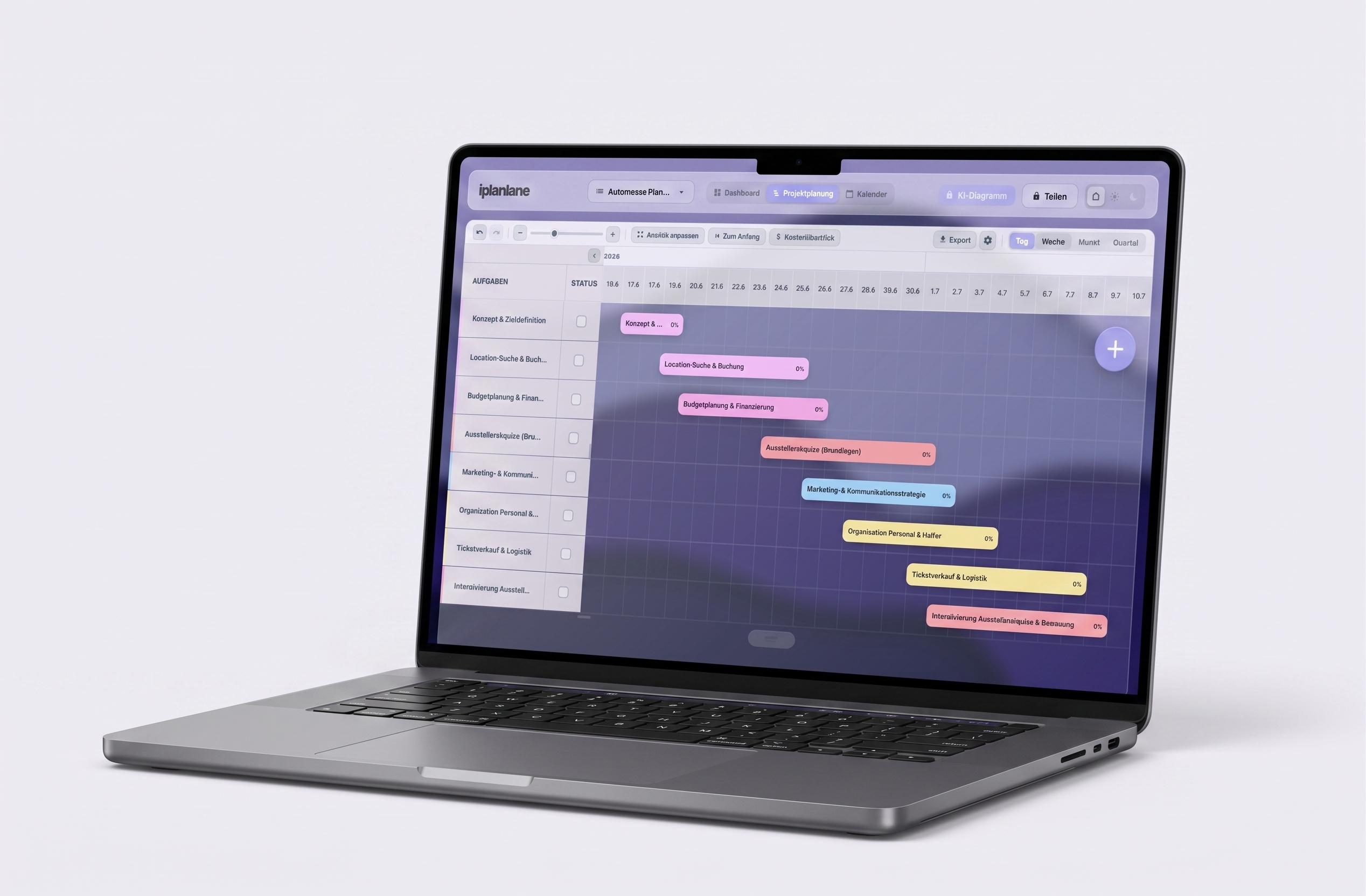Projektplan als Gantt-Diagramm auf einem MacBook Pro: links die Aufgabenliste, rechts farbige Balken auf der Tagesachse