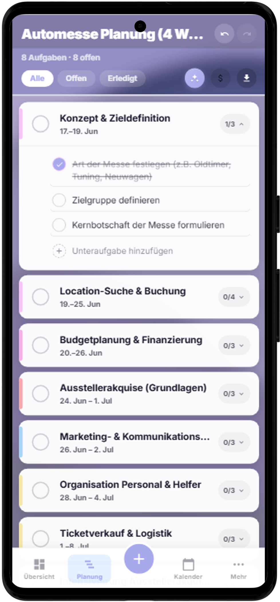 Mobile Ansicht: Aufgabenliste mit Zeitraum, Unteraufgaben und Filter für offene und erledigte Aufgaben