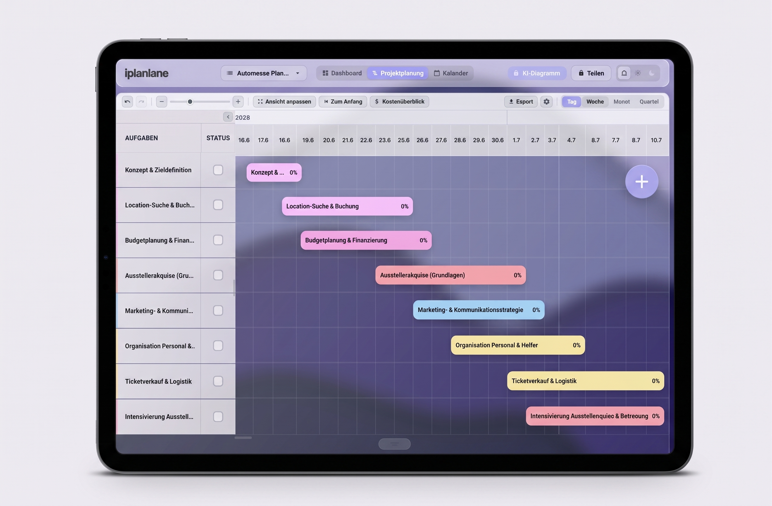 Derselbe Projektplan auf einem iPad Pro im Querformat, mit Zeitachse und farbigen Balken